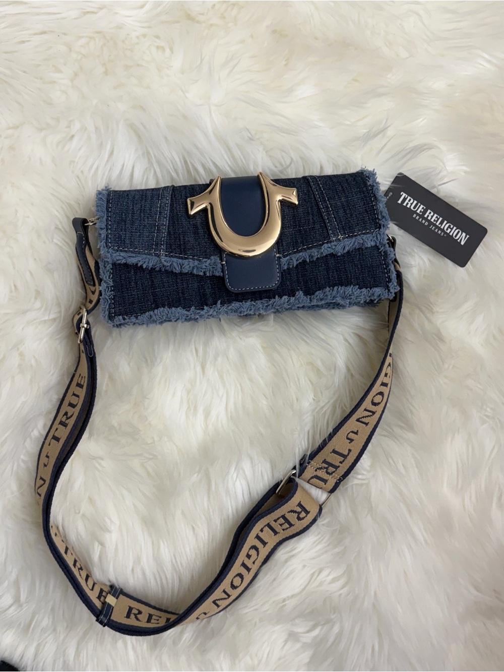 True Religion Navy Blue Denim Crossbody with Gold Horseshoe